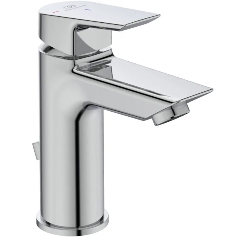 Waschtischarmatur aus Chrom mit seitlichem Hebel von Ideal Standard. Die Armatur hat eine flache Oberseite und eine Auslauföffnung, geeignet für Waschbecken.